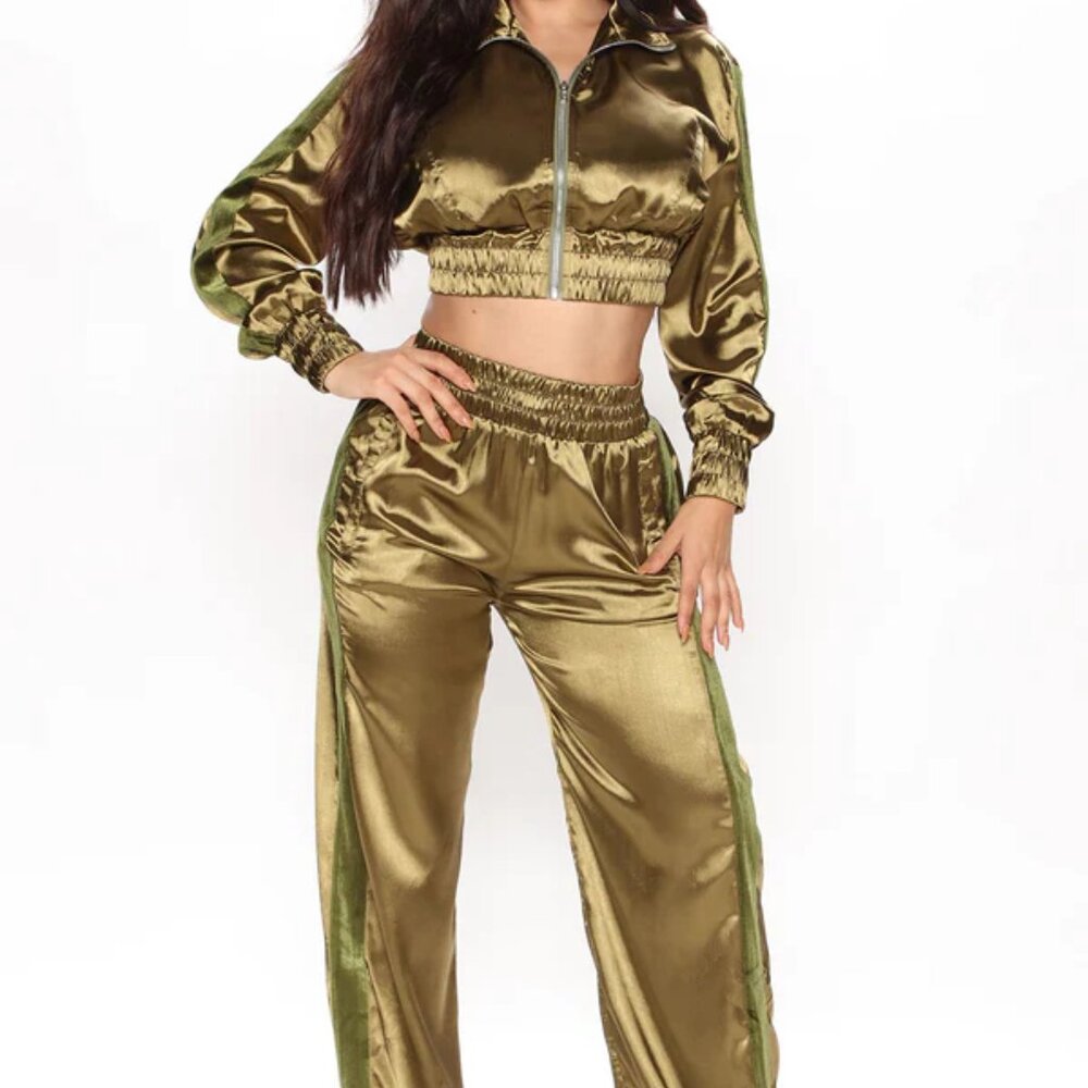 Olive Satin Pant Set | Size M | Zip Jacket & Wide Leg Pants | Luxe Lounge